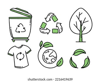 Set elements. Recycling. Separation of garbage. Co2 concept of climate change. Vector doodle