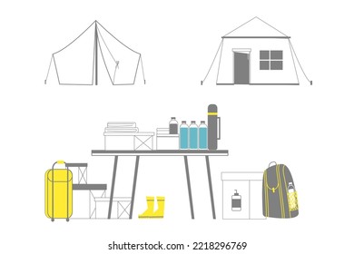 Set Of Elements Of The Refugee Camp: Tent, Humanitarian Aid, Water, Tea, Backpack. Vector Illustration On An Insulated Background. 