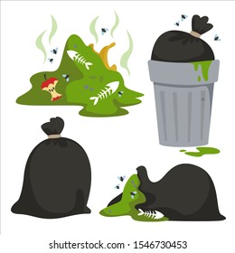 Set of elements related to garbage and environmental pollution. World Earth Pollution Day. Trash can and sewage green, scraps, fish bones, plastic. Vector illustration in cartoon style.