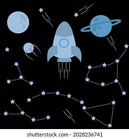 Set of elements related to space. Rocket and satellite, constellations and stars, planets. Vector illustration