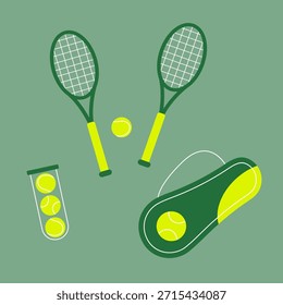 A set of elements related to tennis: rackets, tennis balls. Flat vector illustration.