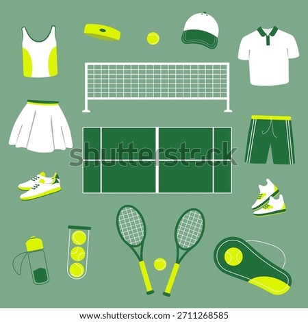A set of elements related to tennis: rackets, tennis balls, court, net, sports uniform. Flat vector illustration. It is suitable for the design of sports materials, banners, posters, posters and infographics on the topic of tennis.