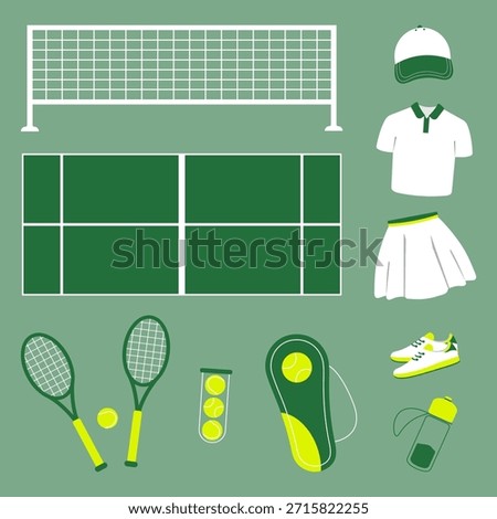 A set of elements related to tennis: rackets, tennis balls, court, net, sports uniform. Flat vector illustration.