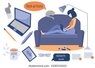 Set of elements for remote work, work-at-home working and distance jof freelance concept.Woman on sofa workinog online on laptop home.Lamp,