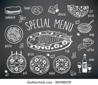 Set of elements for restaurant, cafe menu. Hand drawing with chalk on the black chalkboard. Sketch, design elements. Vector illustration.