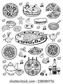 Set of elements for restaurant menu, cafe, pizzeria. Festive menu. Hand drawn. Black and white illustration. Sketch. Vector.