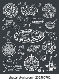 Set of elements for restaurant menu, cafe, pizzeria. Festive menu. Pictures drawn in chalk on a blackboard. Sketch. Vector illustration.