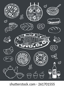 Set of elements for restaurant menu, cafe, pizzeria. Pictures drawn in chalk on a blackboard. Sketch. Vector illustration.