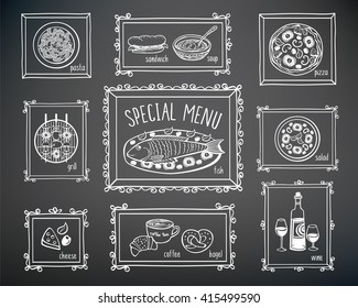 Set of elements for restaurant menu, cafe, pizzeria. Hand drawn food elements and frames with chalk on the blackboard. Doodles, sketch for your design. Vector illustration.