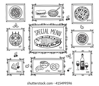 Set of elements for restaurant menu, cafe, pizzeria. Hand drawn food elements and frames. Doodles, sketch for your design. Vector illustration.
