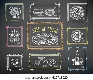 Set of elements for restaurant menu, cafe, pizzeria. Hand drawn food elements and frames with chalk on the blackboard. 