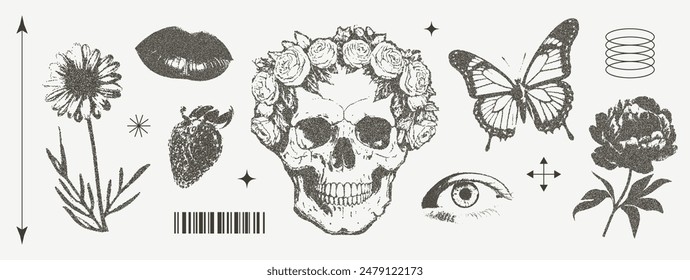 Set of elements with retro photocopy effect Y2K. Skull with a flower wreath, eye, lips, butterfly, lipstick, flowers .Pop art design. Vector illustration for T-shirt prints, collage designs, banner