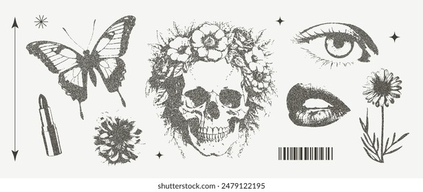 Set of elements with retro photocopy effect Y2K. Skull with a flower wreath, eye, lips, butterfly, lipstick, flowers .Pop art design. Vector illustration for T-shirt prints, collage designs, banner