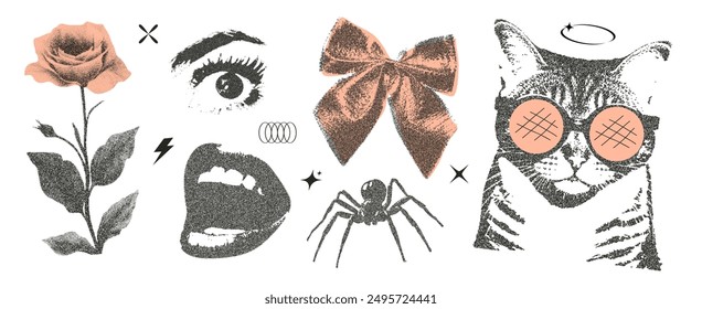 Set of elements with retro photocopy effect Y2K. Rose, eye, mouth, bow, spider and cat with glasses. Pop art design. Vector illustration for T-shirt prints, collage design, banner