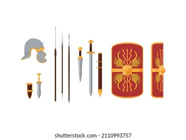 Conjunto de elementos del arma del legionario romano. Ilustración del vector de color, estilo plano. Fondo blanco aislado.