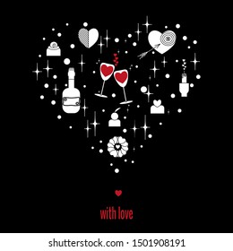 Set of elements for romance and love in  shape of heart on black background. Vector drawing in outlinear style for cards for birthday, wedding, Valentine's Day, invitation.