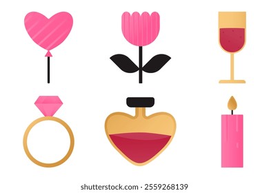 Set of elements with romantic symbols - balloon, glass of wine, elixir, candle, ring, flower. Vector illustrations on the theme of Valentine's Day, birthday.