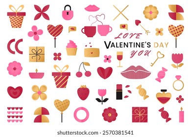 Set of elements with romantic symbols - figures of hearts, sweets, gifts, candles, balloons, lock and key, lipstick, air kisses in geometric style. Illustrations for For Valentine's day, Birthday.