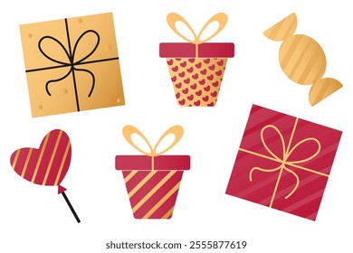 Set of elements with romantic symbols: gifts, ball, candy. Illustrations on the theme of Valentines Day. Bright pink, gold and red colors are ideal for the design of postcards or decorative materials.