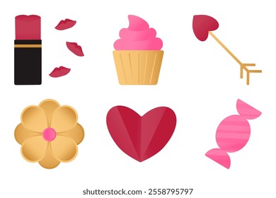 Set of elements with romantic symbols - lipstick with kisses, cupcake, flower, heart, arrow, candy. Illustrations on the theme of Valentine's Day, birthday. Vector illustration.