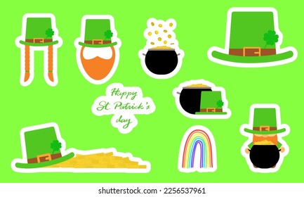 Set of elements for Saint Patrick's Day. Woman leprechaun, cauldron with falling money, leprechaun's hat with money, gold coins, rainbow. Vector illustration. Sticker on green background.