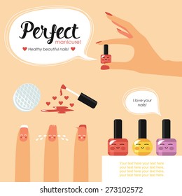 Set of elements for salon manicure. Hand with nail polish. Damaged nails. Healthy nails. Means for nail care. Nail polish.