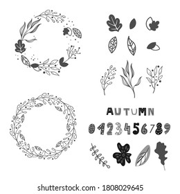 A set of elements in the Scandinavian style. Autumn wreaths, numbers, leaves and autumn text for calendars and postcards