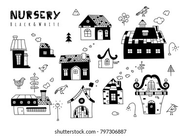 Set of elements in scandinavian style for nursery. Black and white. Vector illustration. Houses