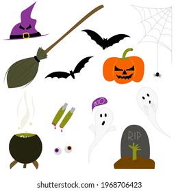 A set of elements for a scary Halloween. Witch fingers with broom and hat. A hand from the grave