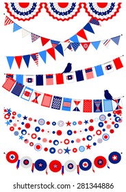 Set of elements of scenery, bunting, flags, garland in traditional colors of the USA