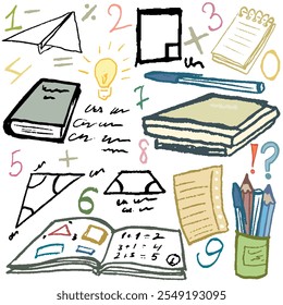 Ensemble d'éléments pour école. Livres, cahier, crayons et quelques dessins. Doodle, Image vectorielle, isolé. Avec texture et couleurs agréables.