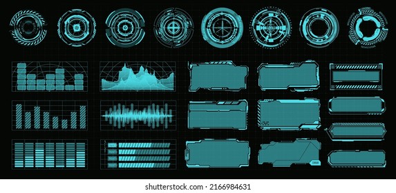 A set of elements of a sci-fi digital interface for the game, frames, sights, circles, titles, statistics, HUD-style graphics. Cyberpunk interface elements set.  Box border with chart, dashboard.