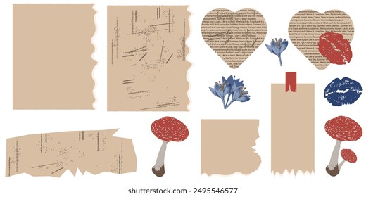 Set elements for Scrapbook design isolated white background. Retro old paper sheet and flowers. Vintage vector aesthetic illustration. EPS 10