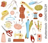 Set of elements for sewing, fabric, mannequin, thread, needles, scissors. Items for hobby. Colorful vector illustration for design of sewing books, albums, flyers, business cards, banners.