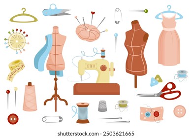 Set of elements for sewing, fabric, mannequin, thread, needles, scissors. Colorful vector illustration for design of sewing books, albums, flyers, business cards, banners.