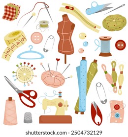 Set of elements for sewing, fabric, mannequin, thread, needles, scissors. Items for hobby. Colorful vector illustration for design of sewing books, albums, flyers, business cards, banners.