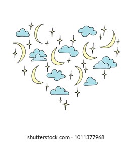 Set of elements in shape of heart. Clouds, stars and crescent moon. Valentines day greeting card, hand drawn vector illustration isolated on white.