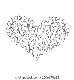 Set of elements in shape of heart. Hearts, twigs and butterflies. Valentines day greeting card, hand drawn vector illustration isolated on white.
