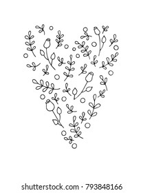 Set of elements in shape of heart. Roses, twigs and dots. Valentines day greeting card, hand drawn illustration isolated on white.