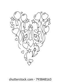 Set of elements in shape of heart. Stars, balloons, candles, flowers, hearts. Valentines day greeting card, hand drawn illustration isolated on white.
