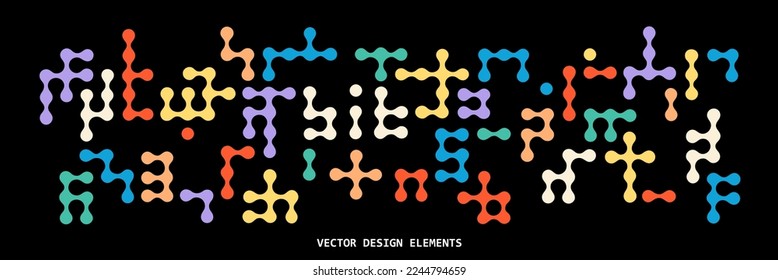 Set of elements, shapes and forms in bitmap style. Circles and dots smoothly merging and flowing into figures. Trendy retro design 60's, 70's, 80's. Vector graphics