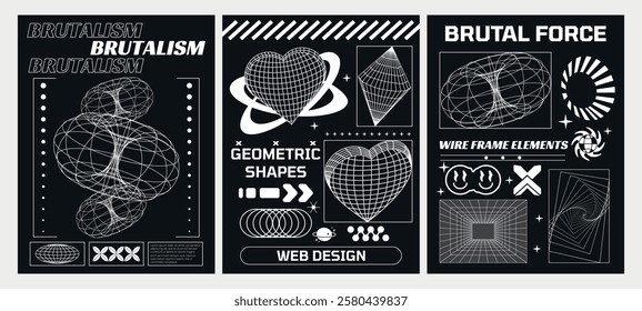 Set of elements and shapes. Y2k posters. Figures. 3D model mesh. Spheres, futuristic elements. Retro and new technologies. Modern and minimalistic techno wireframe. Psychedelic