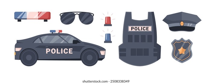 Set of elements for sheriff or officer work. Vector police man equipment collection. Isolated hat, patrol car and special flashers of emergency dept, cop badge and bulletproof vest