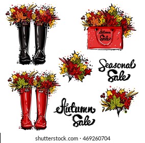 Set of elements: shopping bag with leaves bouquet, autumn sale lettering, red hunter boots. Sketch for decoration seasonal celebration, greeting card or banner.