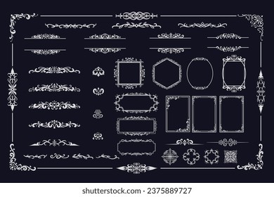 Establecer elementos de la vintage plateada Decorativo , marcos, caligrafía, bordes, divisores de texto, ornamento floreciente, esquina, líneas. Dorado Lujo Elegante adorno para etiquetas e insignia vectorial