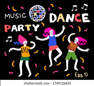 set of elements in a simple style. dancing people, sweets, inscriptions, music, party, dance, disco ball, sheet music. modern design, rich colors. dark background.for web page design bloggers.