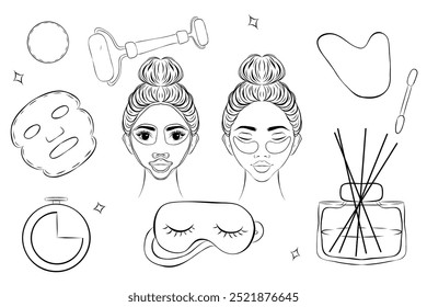 Un conjunto de Elementos en el estilo de boceto.  Rutina de belleza, cuidado de la piel. Máscara, difusor del aroma, rodillo del masaje del jade, máscara de seda del sueño. Inscripción de la banda Glow. Ilustración vectorial, moda

