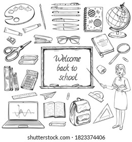 A set of elements in a sketch style on a school theme. Stationery and art supplies. Engraved drawing. Objects are hand-drawn and isolated on a white background. Black and white vector illustration