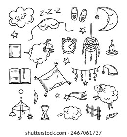 A set of elements for sleep, rest time, comfort at night. Hand drawn sketch style. Moon, cat, star, lamp element. Vector illustration