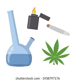 Set of elements for smoking hemp leaves. Medical marijuana. Bong, lighter, cigarette, cannabis leaf. Vector illustration.